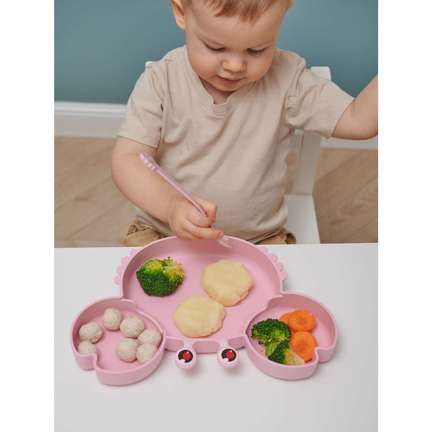 Набор детской посуды Добрый Филин Тарелка вилка ложка Крабик розовый 4 предмета - фото 8