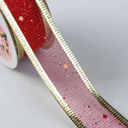 Лента Арт Узор капроновая с металлической нитью «Блёстки». 25 мм×2.7 ± 0.5 м. цвет красный/золотой
