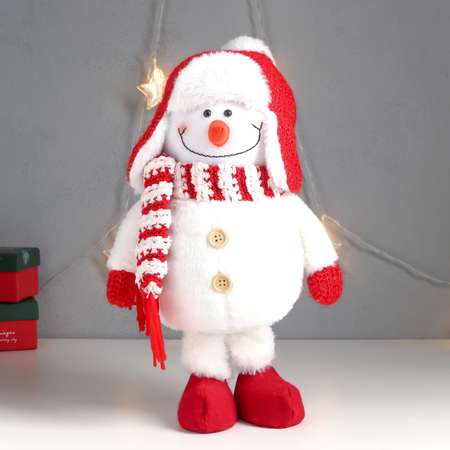 Кукла интерьерная Зимнее волшебство «Снеговик в красной шапке-ушанке с бомбошкой» 40х17х16 см