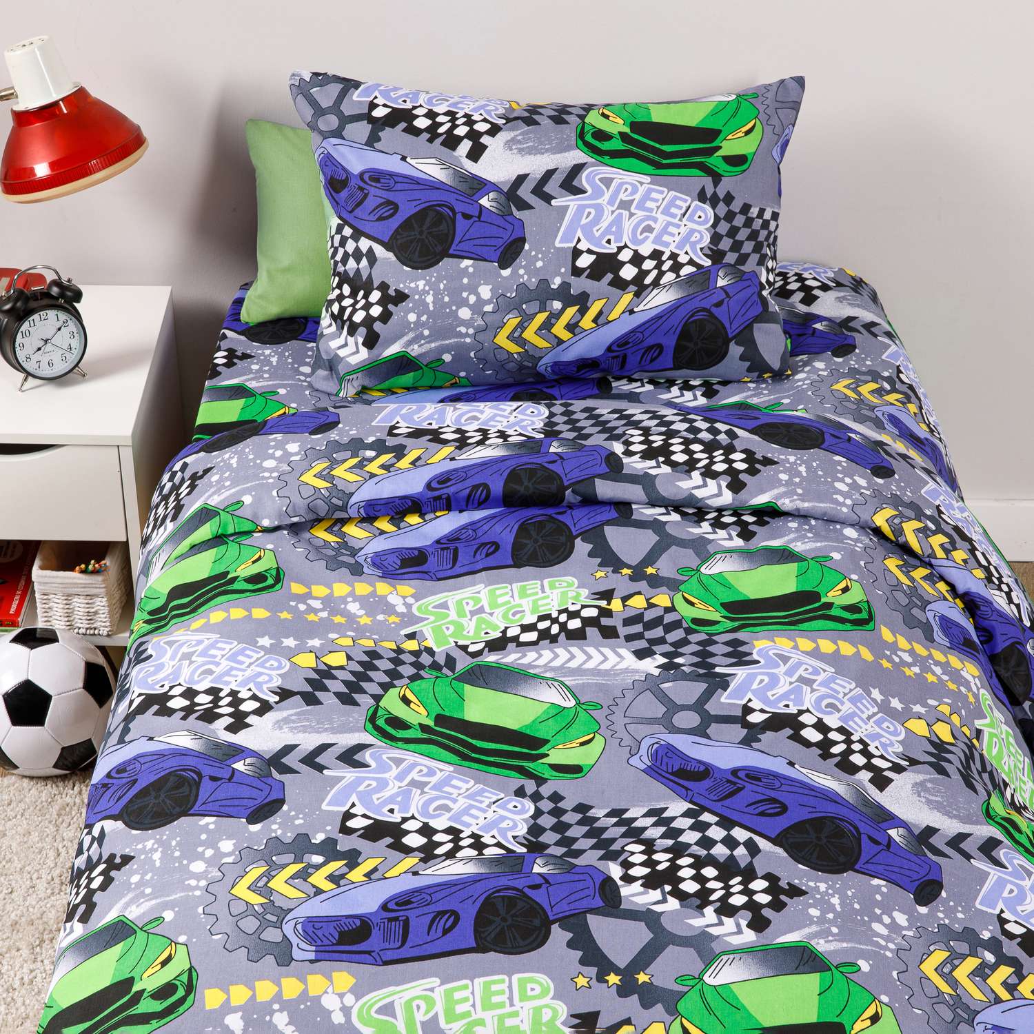 Детское постельное белье Ночь Нежна Машинки зеленые 1.5 спальный наволочка 70х70 см - фото 1