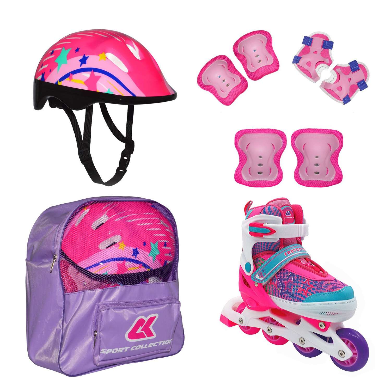Набор роликовые коньки Sport Collection раздвижные Set Fantastic Pink шлем и набор защиты в сумке размер M 33-36 - фото 1