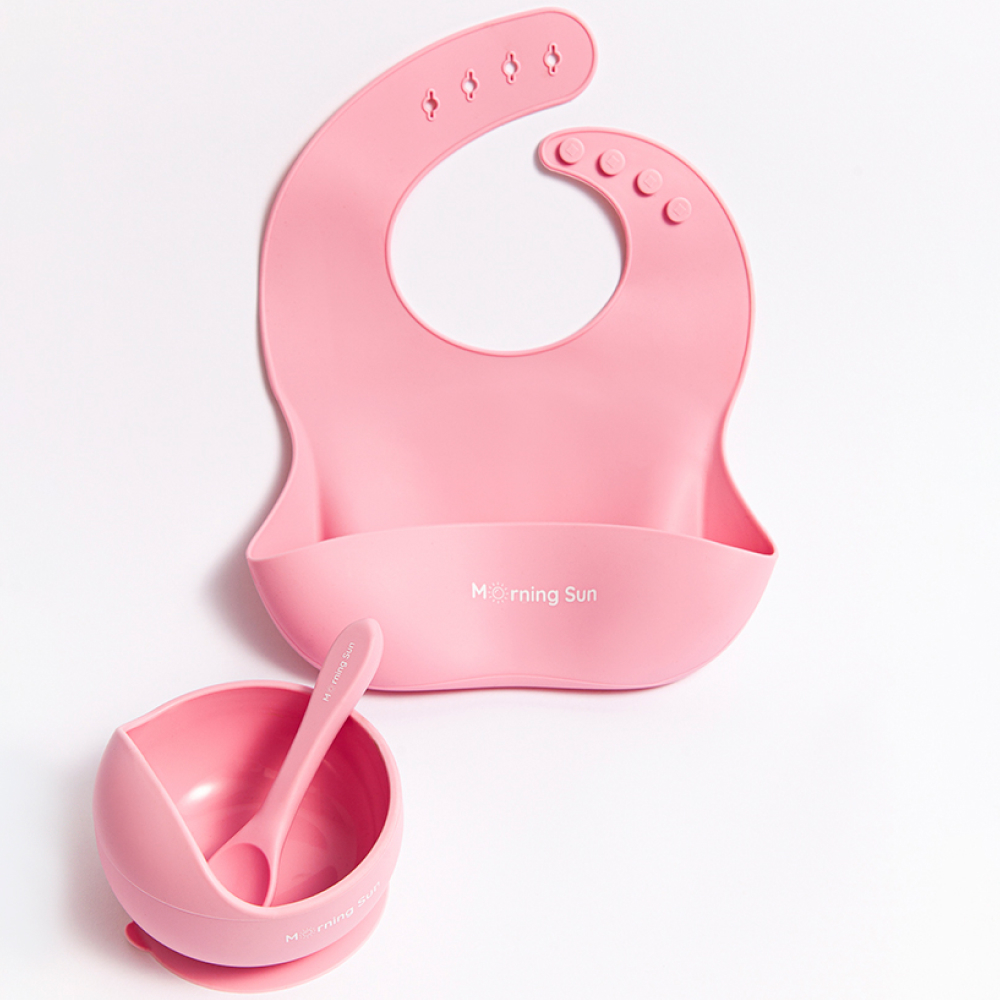 Набор для кормления Morning Sun силиконовый нагрудник тарелка и ложечка детская розовый - фото 1