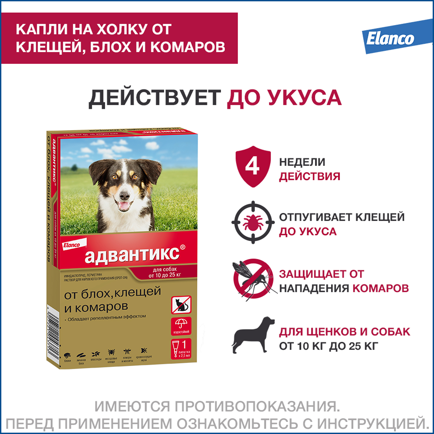 Капли для собак Elanco Адвантикс от 10 до 25 кг против блох и клещей  1пипетка купить по цене 814 ₽ с доставкой в Москве и России, отзывы, фото