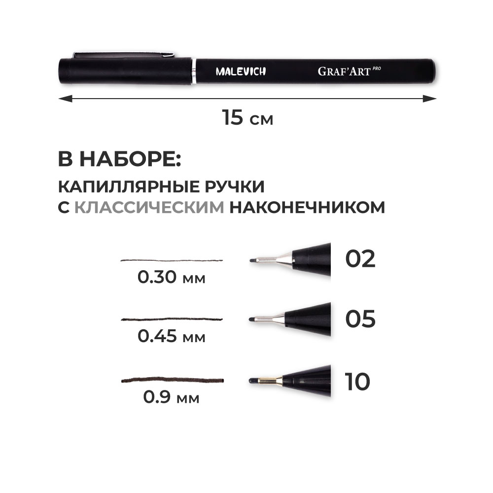 Капиллярные ручки Малевичъ Комплект GrafArt PRO 02 05 10 - фото 2