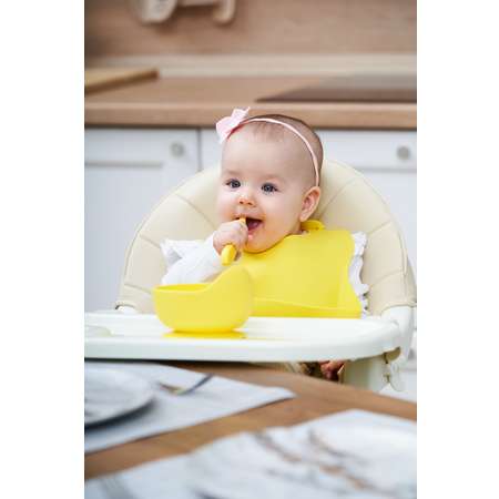Детский силиконовый нагрудник MIKMEL для кормления мягкий с карманом и застежкой Bright Yellow