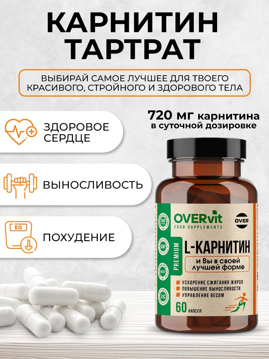 L-карнитин OVER БАД Спортивное питание для похудения Жиросжигатель 60 капсул - фото 2