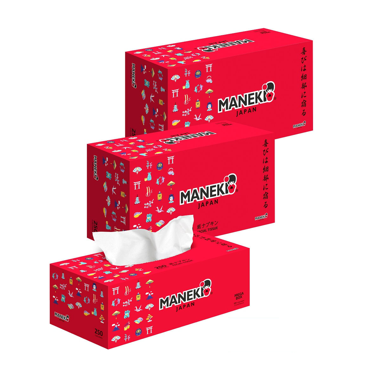 Салфетки бумажные Maneki Red 2 слоя белые 250 шт 3 упаковки - фото 1