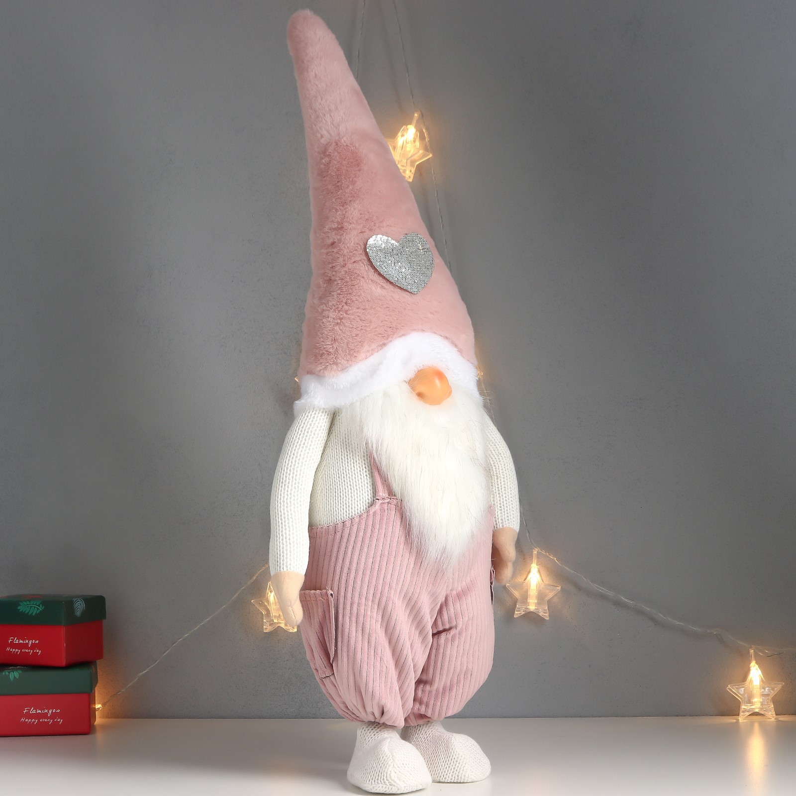 Кукла интерьерная Зимнее волшебство «Дед Мороз только нос в розовом вельветовом комбинезоне» 70х25х19 см - фото 2