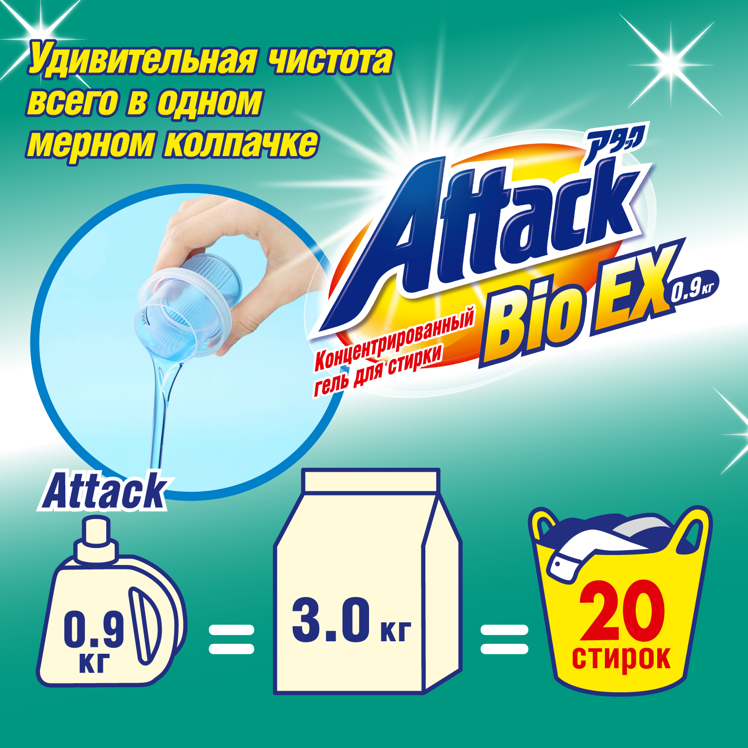 Концентрированный универсальный гель для стирки Attack BioEX 900 мл - фото 6