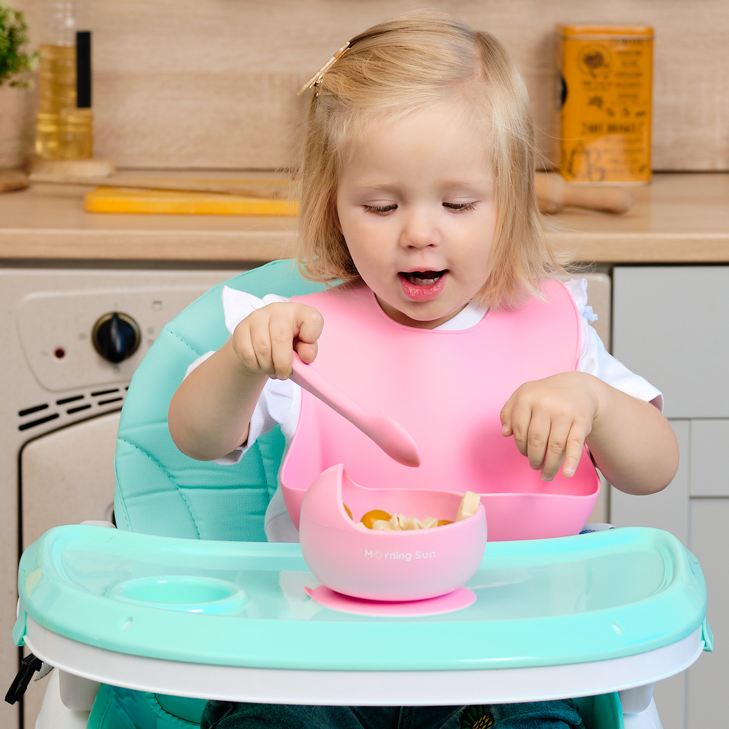 Набор для кормления Morning Sun силиконовый нагрудник тарелка и ложечка детская розовый - фото 13