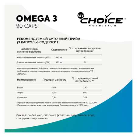 Биологическая активная добавка MyChoice Nutrition Omega 3 PRO 1000мг*90капсул