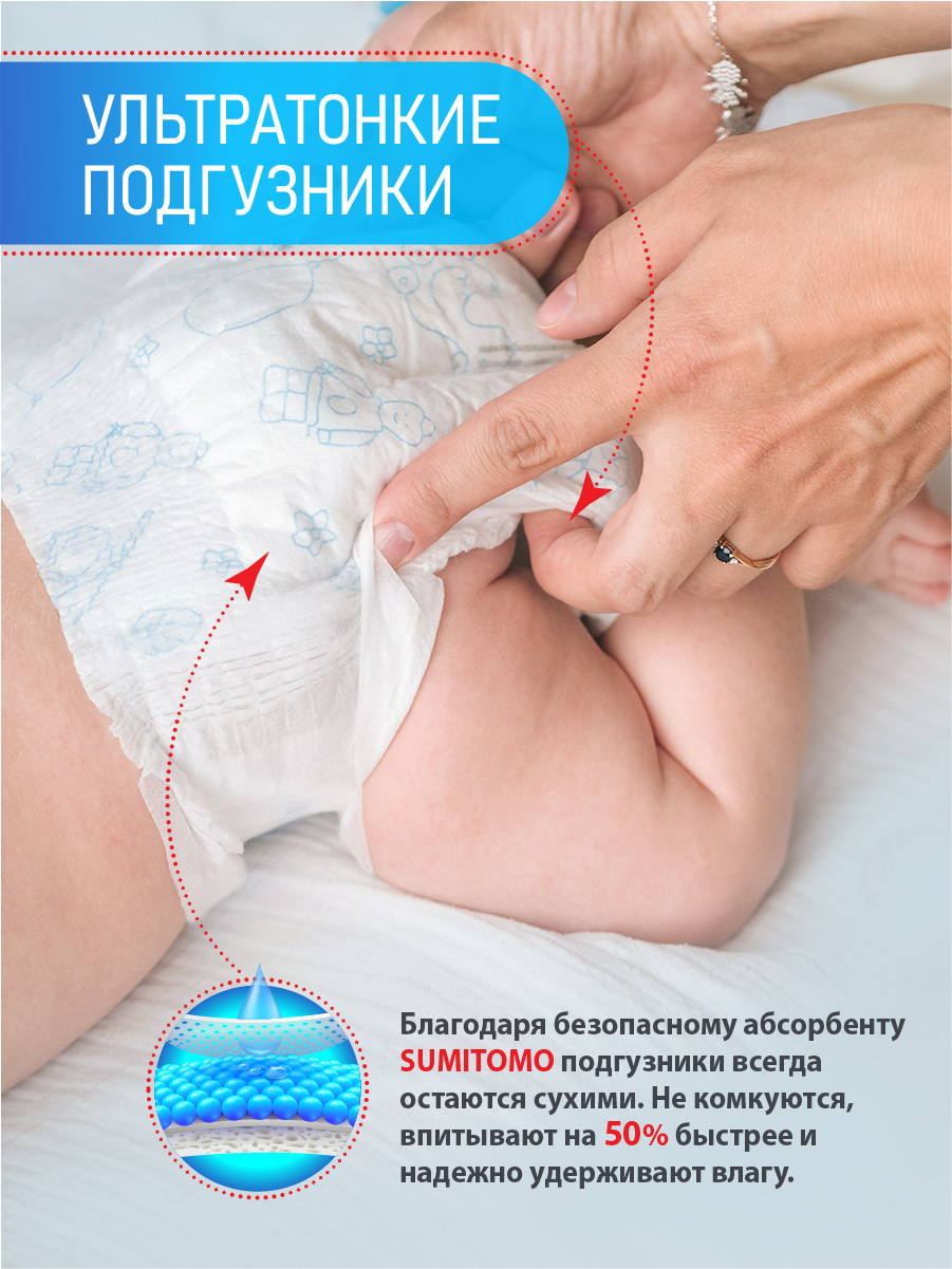 Подгузники Ekitto на липучках 1 размер NB для новорожденных тонкие 0-5 кг 30 шт - фото 7