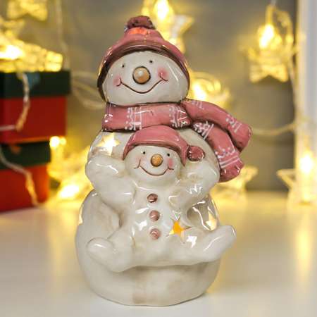 Сувенир Luazon керамика свет «Снеговик со снеговичком в розовых колпаках» 17 5х11х12 5 см
