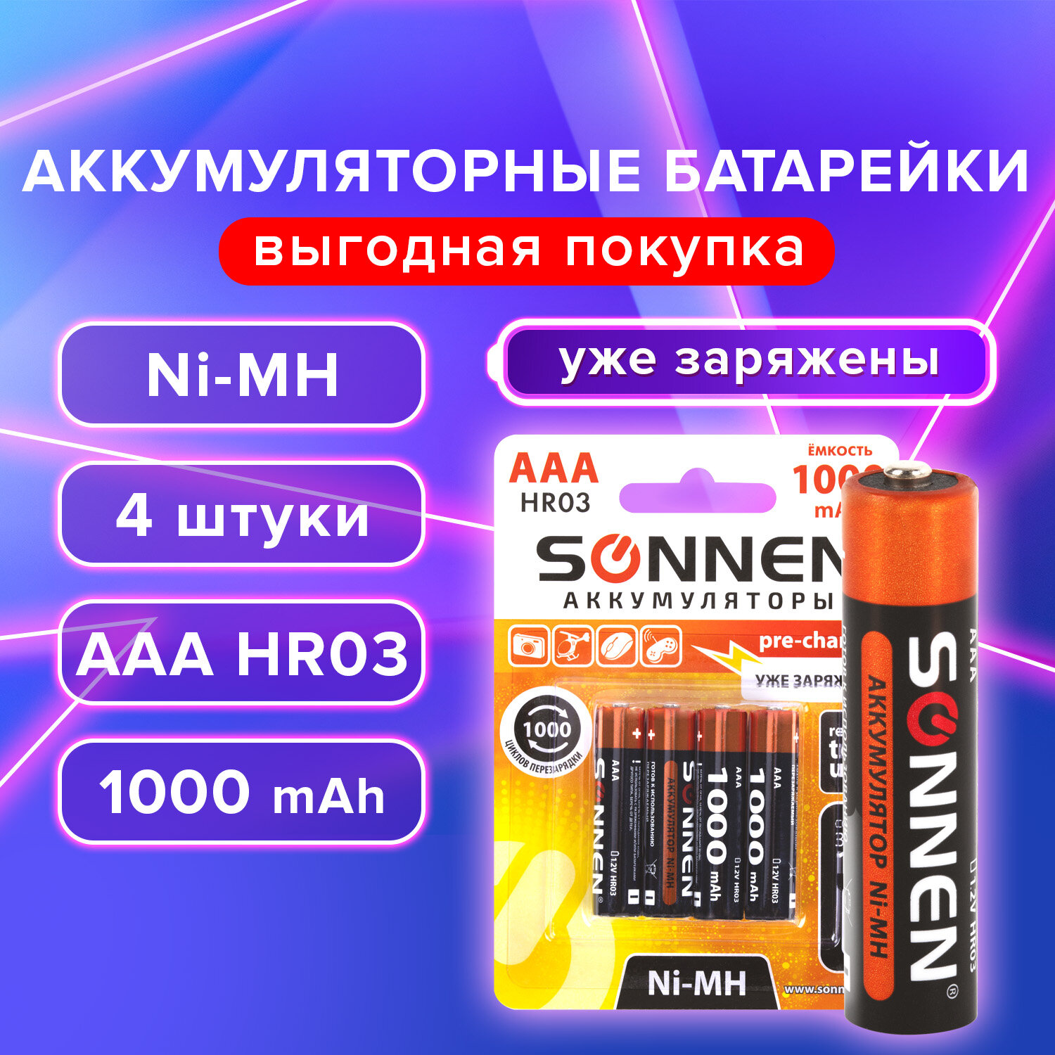 Аккумуляторы мизинчиковые Sonnen AAA Ni-Mh 1000 mAh (4 шт)