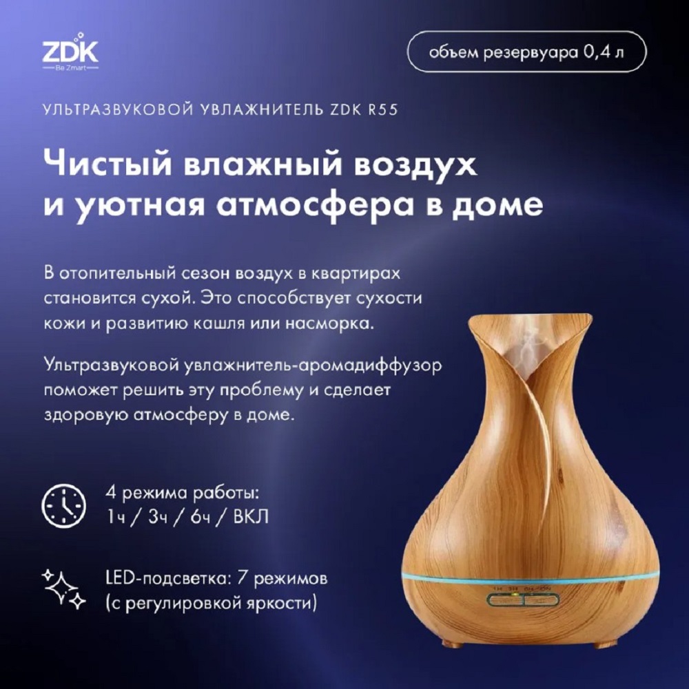 Увлажнитель-аромадиффузор ZDK Ультразвуковой R55 light wood светло -коричневый - фото 3