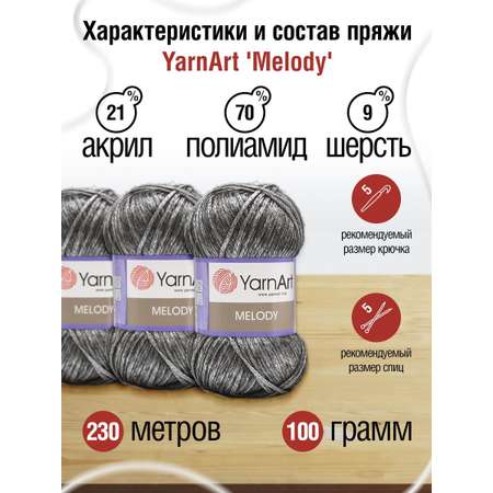 Пряжа YarnArt Melody мягкая 100 г 230 м 887 черное серебро 5 мотков