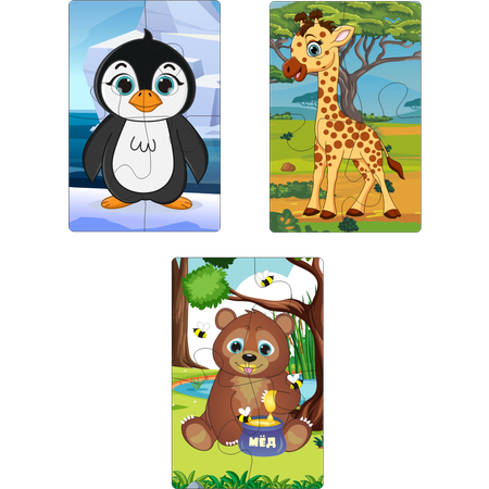 Пазл ЧИБИ Животные Пингвин Жираф Медведь 3 персонажа по 4 элемента