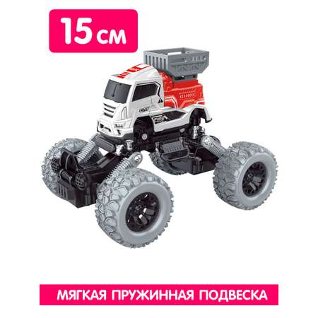 Машинка с большими колесами KolxToys Пуллбэк: Пожарная автовышка, 15 см, 4WD, мягкая подвеска