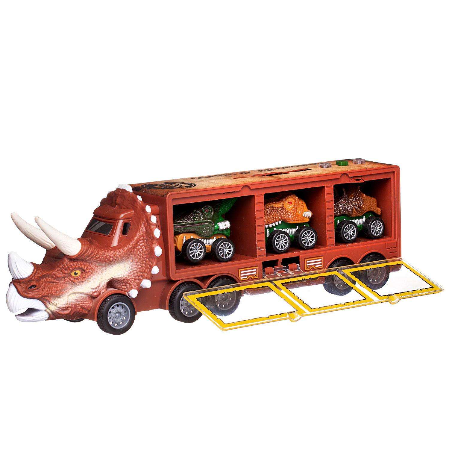 Игровой набор Junfa Автовоз динозавр коричневый с 3 машинками со съездом WC-11972 - фото 5