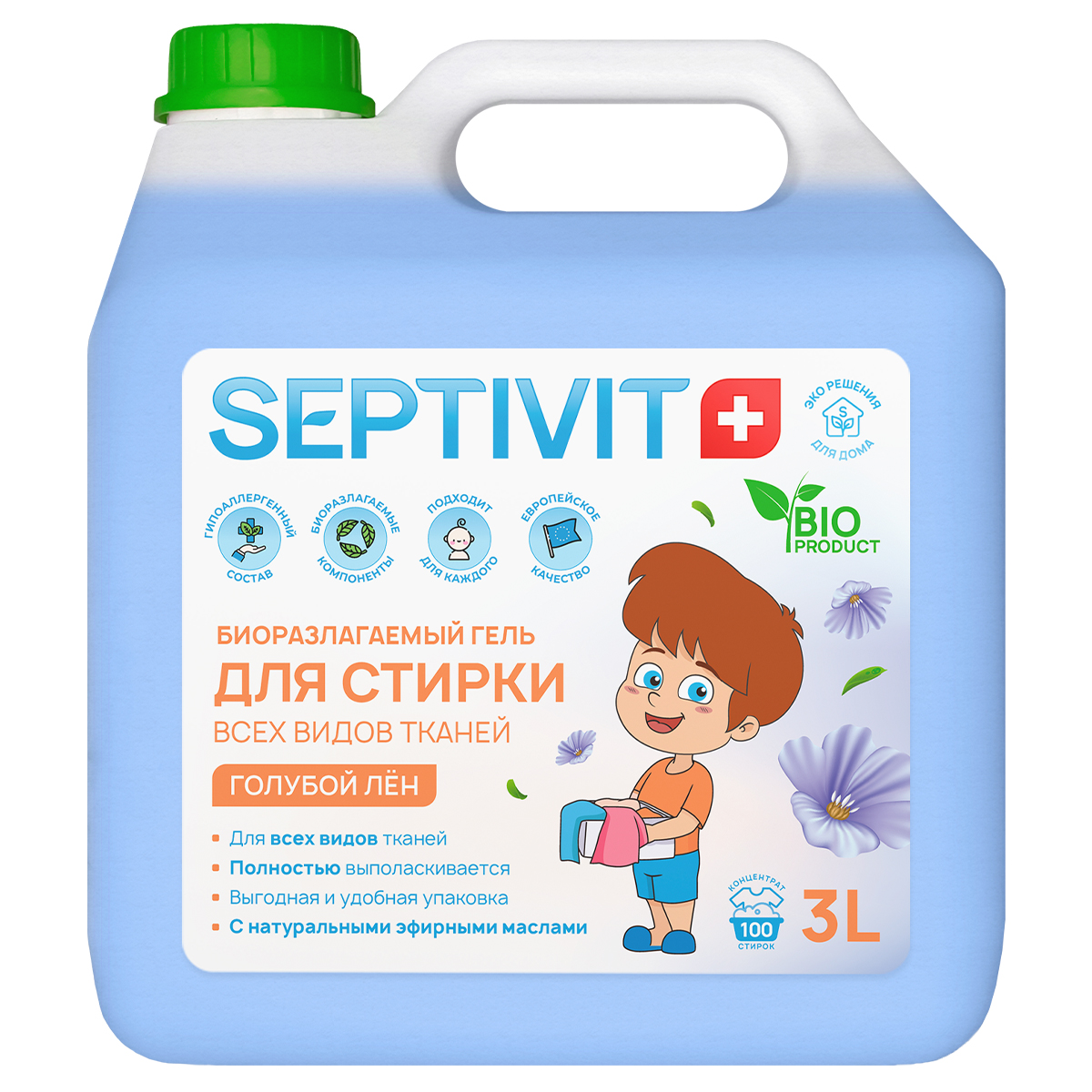 Гель для стирки SEPTIVIT Premium для всех видов тканей с ароматом Голубой лен 3л - фото 1