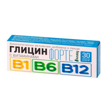 Глицин Аматег Форте с витаминами В1 В6 В12 600мг*30таблеток