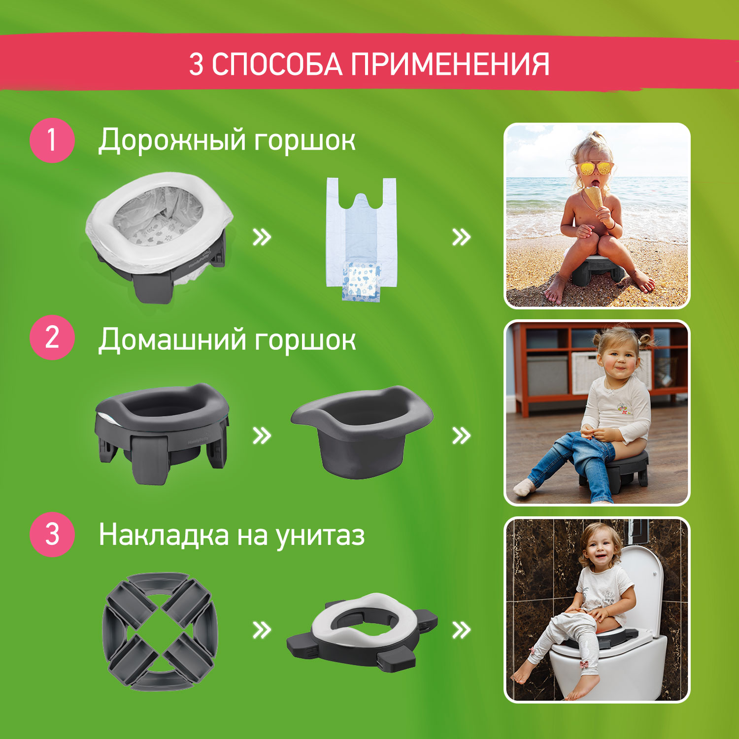 Горшок дорожный ROXY-KIDS складной с многоразовой вкладкой Handy Potty 3 в 1 цвет графит - фото 4