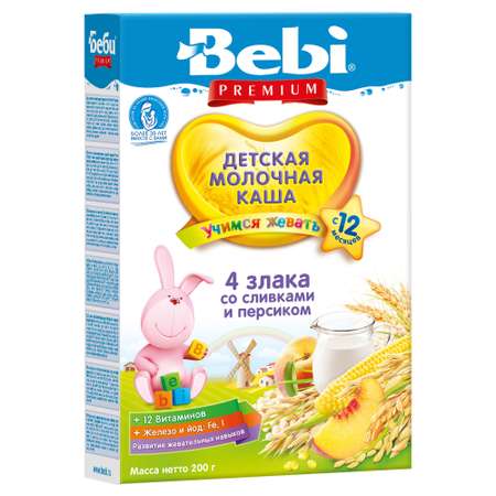 Каша Bebi Premium молочная 4 злака со сливками и персиком 200г с 12месяцев