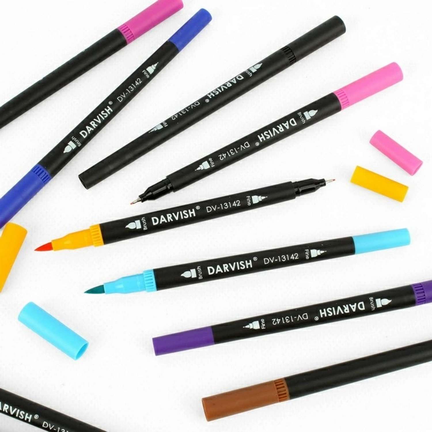 Маркеры для рисования Darvish скетчинга двусторонние тонкие 12 цветов кисть и линер 0.4 мм - фото 5