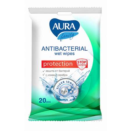 Влажные салфетки AURA Antibacterial Family с антибактериальным эффектом для всей семьи pocket-pack 20шт