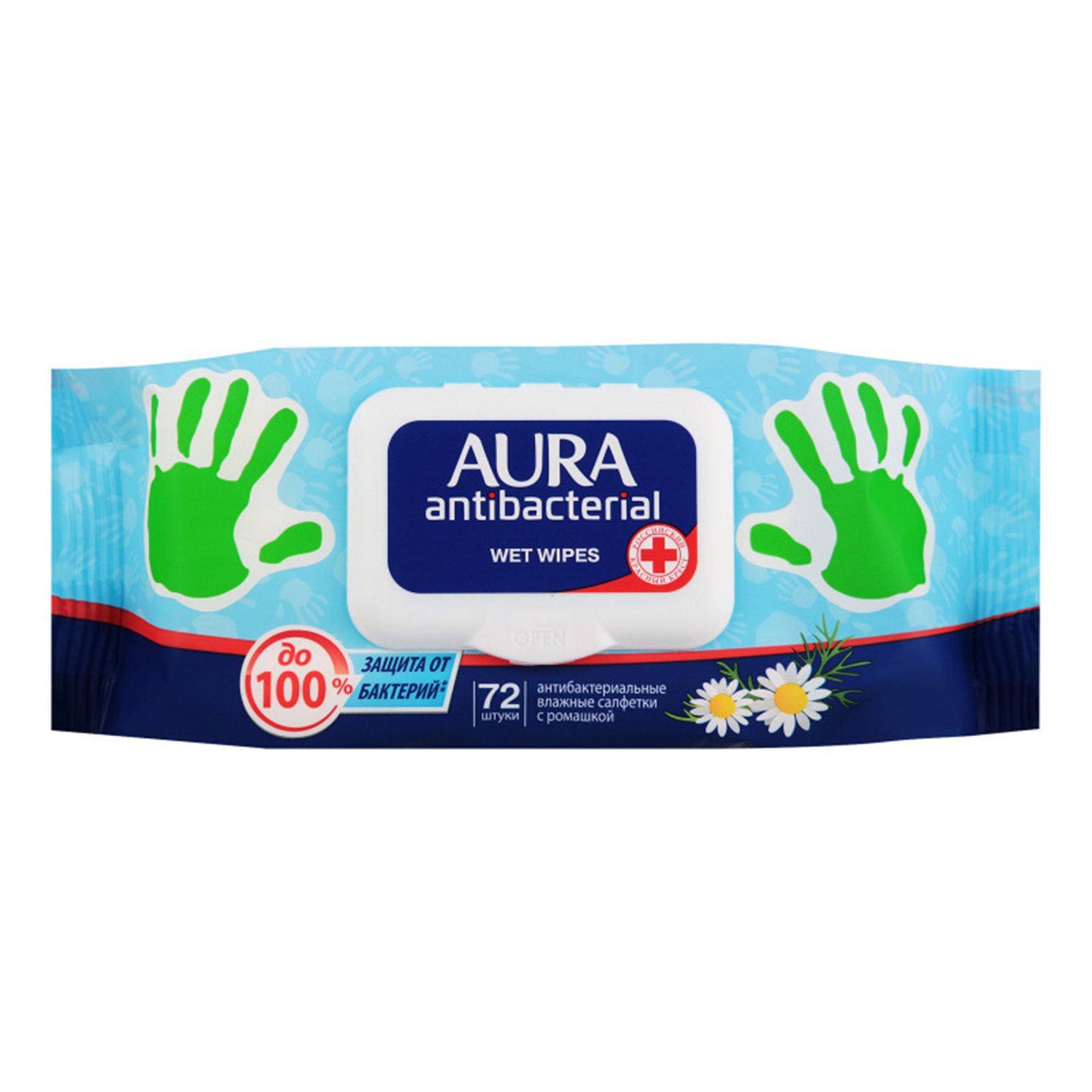 Влажные салфетки AURA Антибактериальные big-pack с крышкой Derma Protect Ромашка 72шт - фото 1