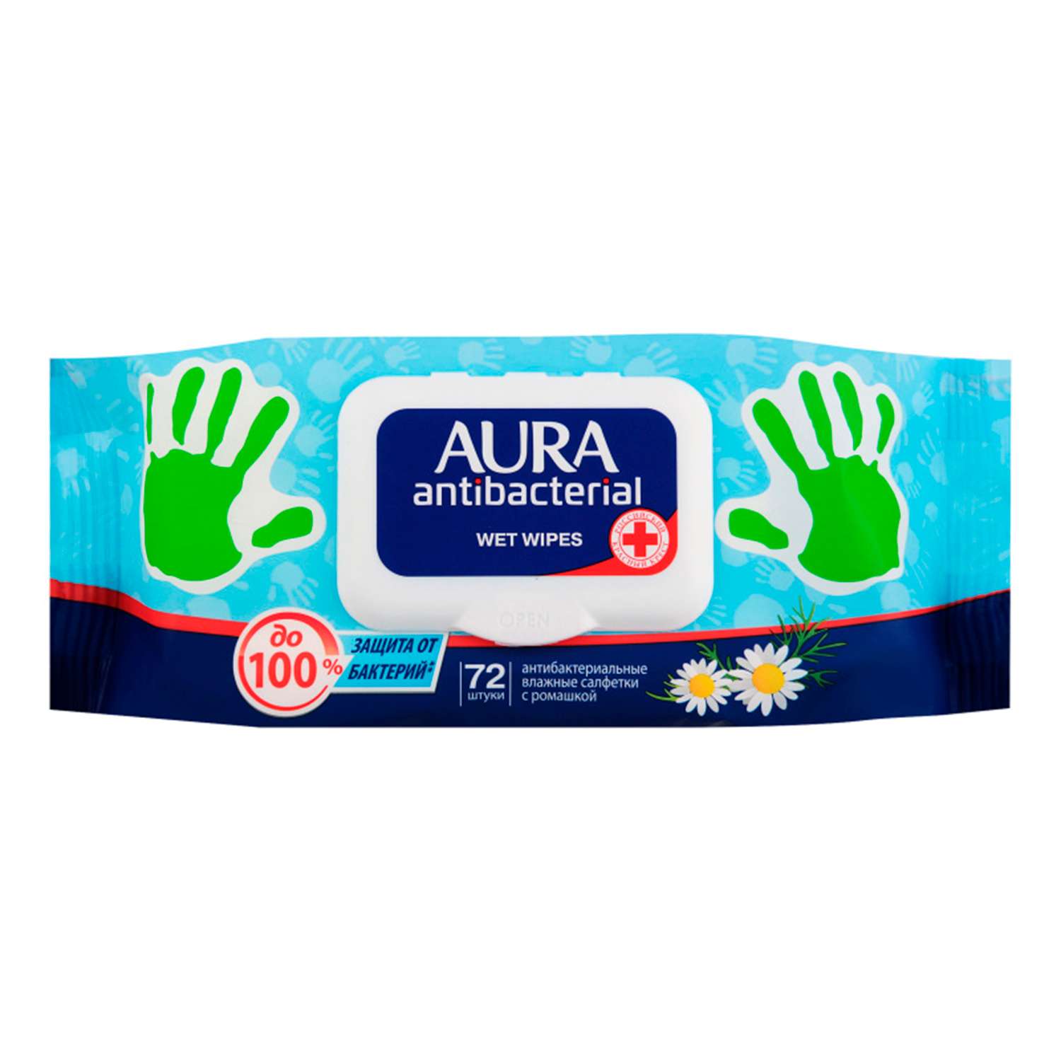 Влажные салфетки AURA Антибактериальные big-pack с крышкой Derma Protect Ромашка 72шт - фото 1