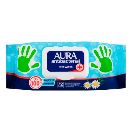 Влажные салфетки AURA Антибактериальные big-pack с крышкой Derma Protect Ромашка 72шт