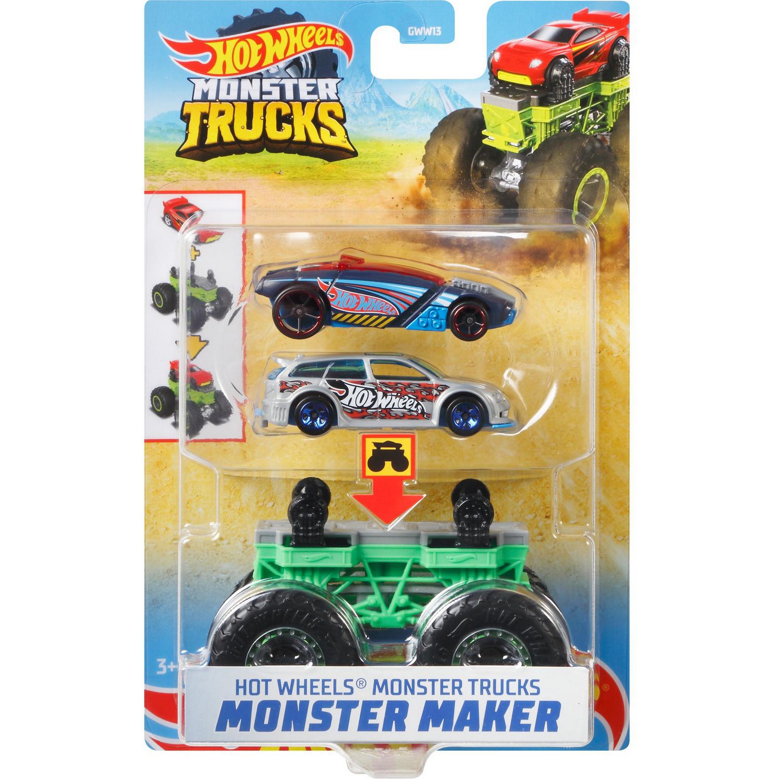 Набор Hot Wheels Monster Trucks Монстр-мейкер с 2машинками и шасси Зеленый  GWW15 купить по цене 199 ₽ в интернет-магазине Детский мир