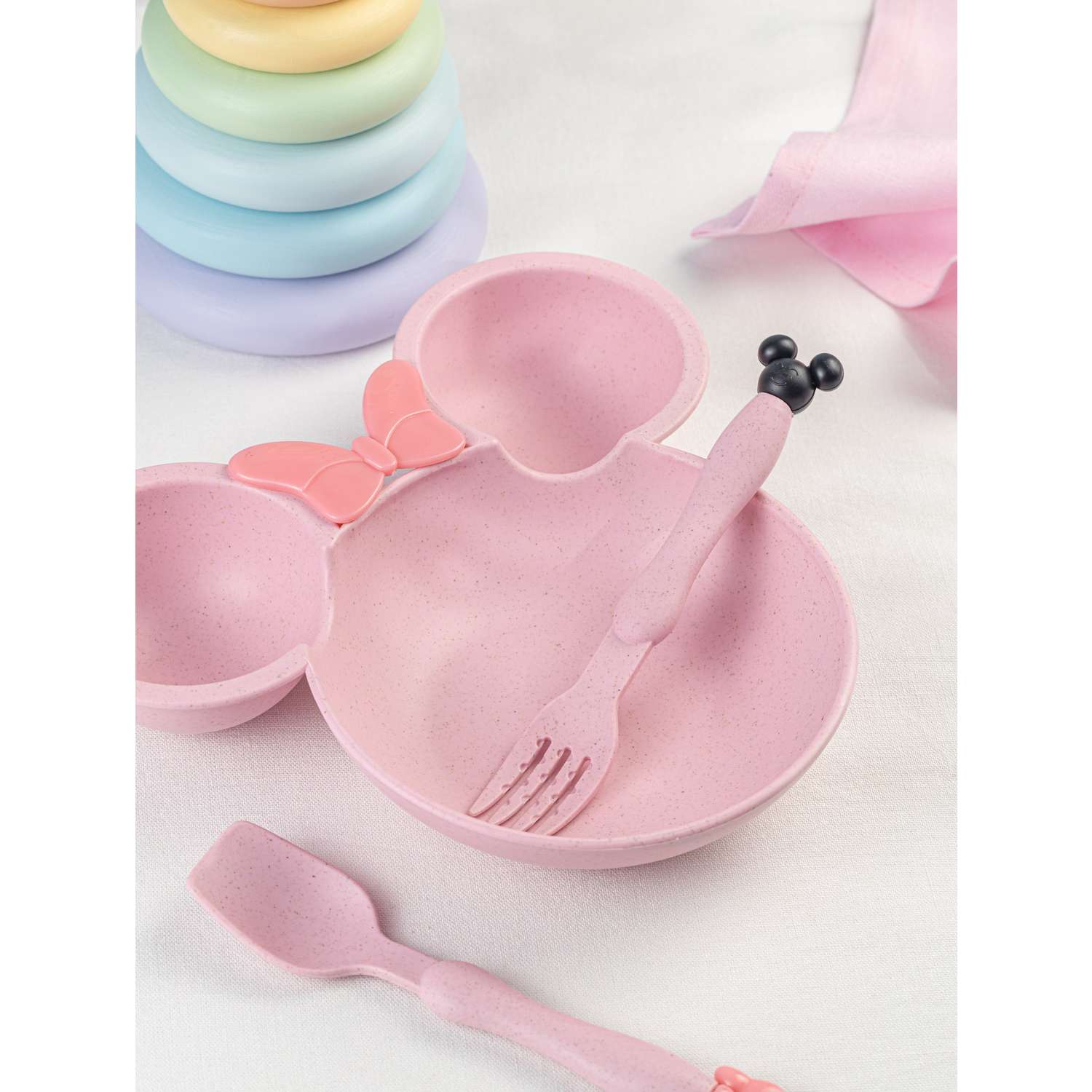 Набор детской посуды Добрый Филин Детская тарелка вилка ложка Мышонок розовый 3 предмета - фото 6