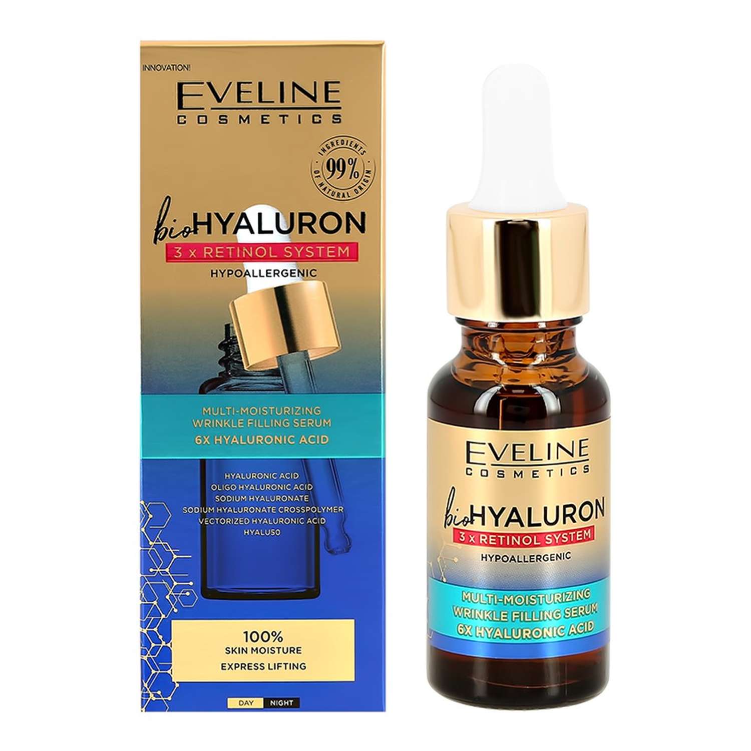 Сыворотка для лица EVELINE Biohyaluron 3xretinol system с гиалуроновой кислотой и ретинолом мультиувлажняющая 18 мл - фото 1