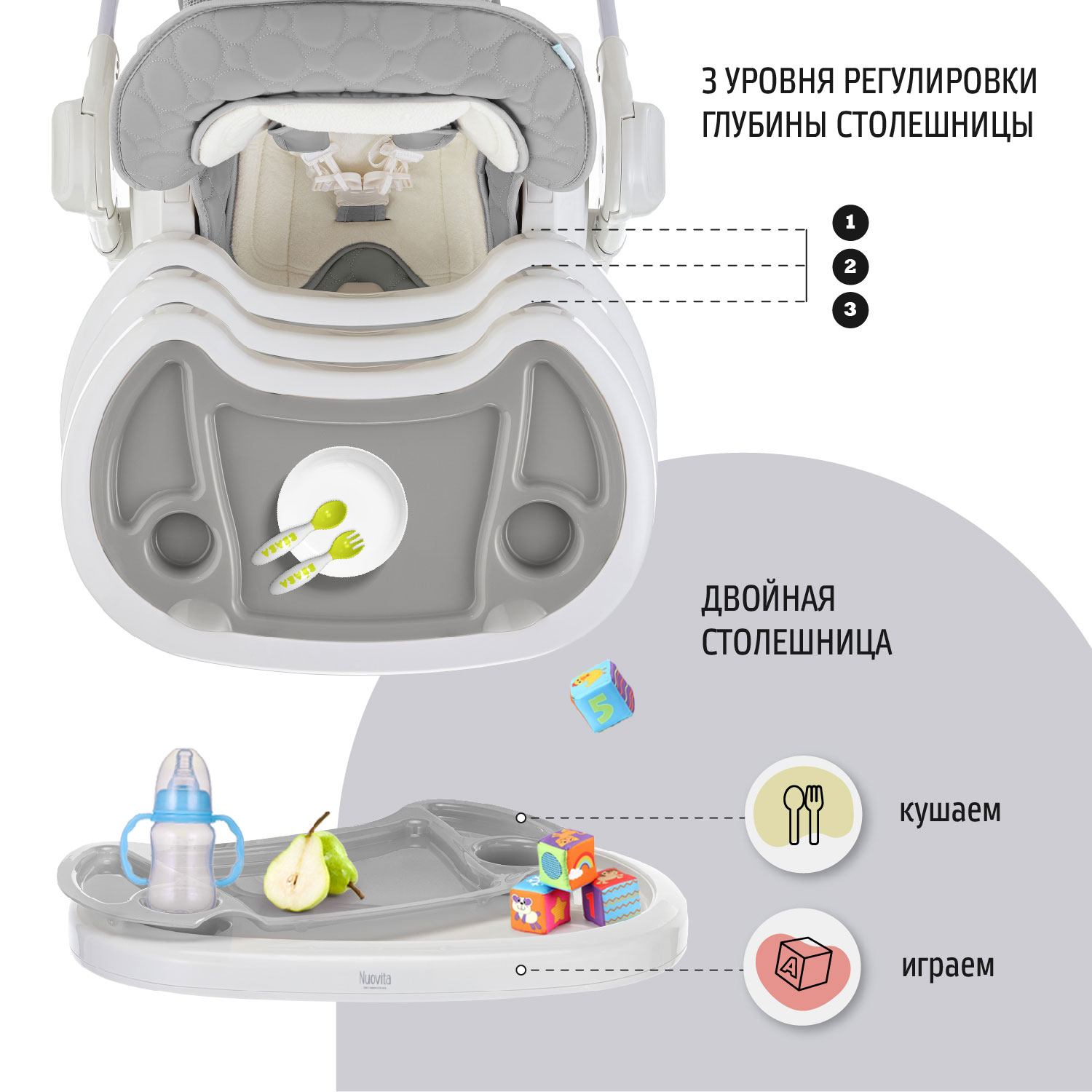 Стул-шезлонг для кормления Nuovita Tutela с тиснением Темно-серый - фото 6