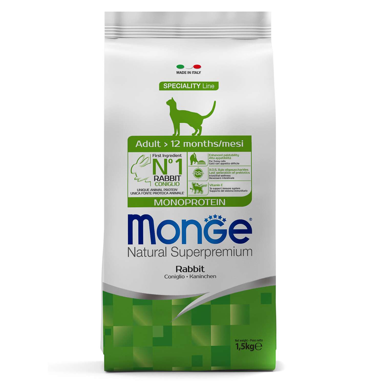 Корм сухой для кошек MONGE Monoprotein 1.5кг с кроликом для взрослых - фото 1