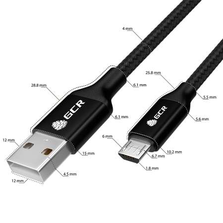 Кабель USB GCR 1.5m MicroUSB быстрая зарядка в черной нейлоновой оплетке GCR-52476