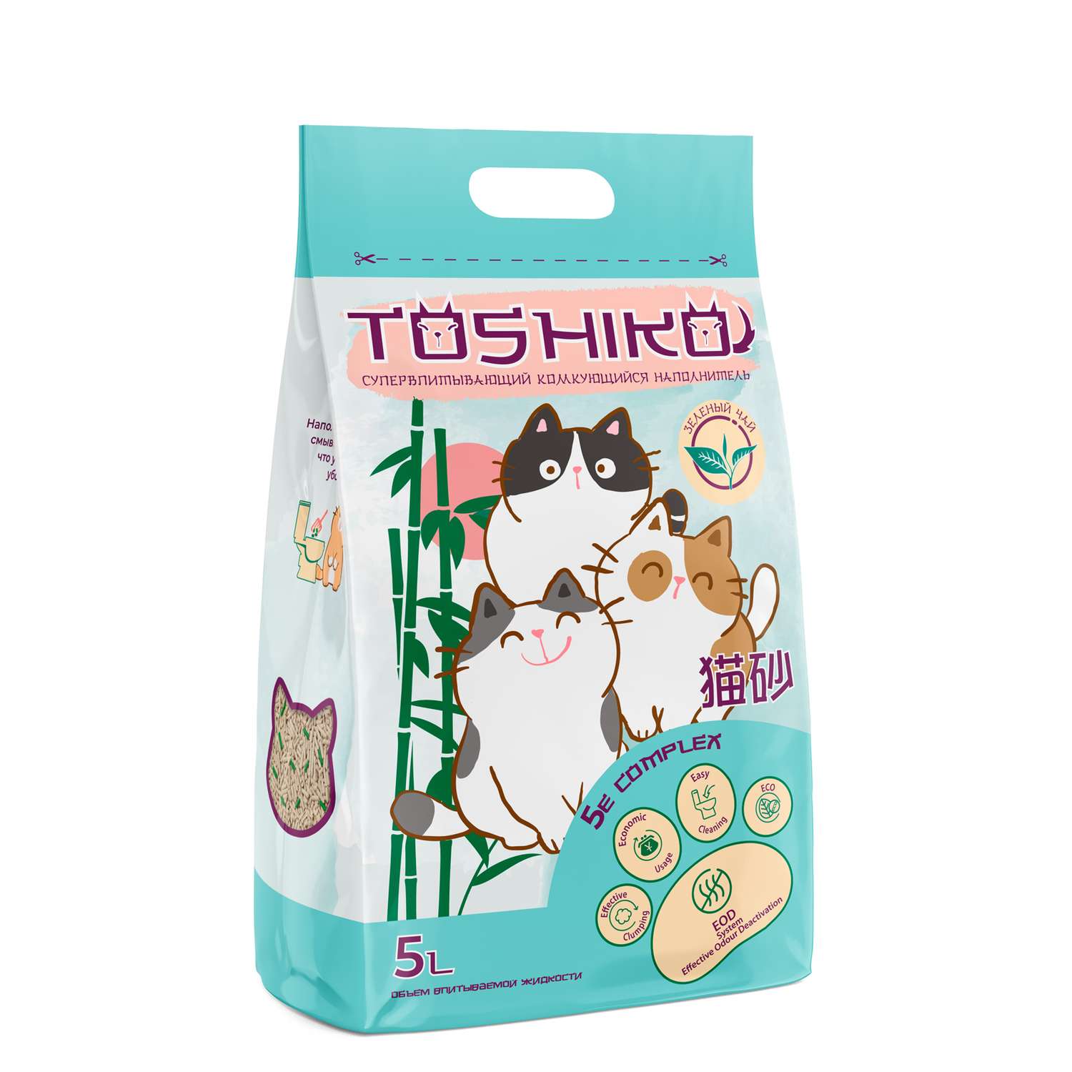 Наполнитель для кошек Toshiko Зеленый чай комкующийся древесный 5л - фото 1