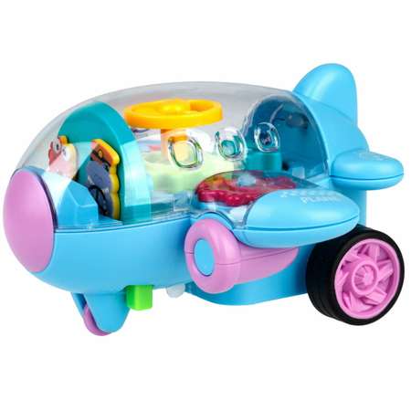 Самолет игрушка для детей 1TOY Движок голубой прозрачный с шестеренками светящийся на батарейках