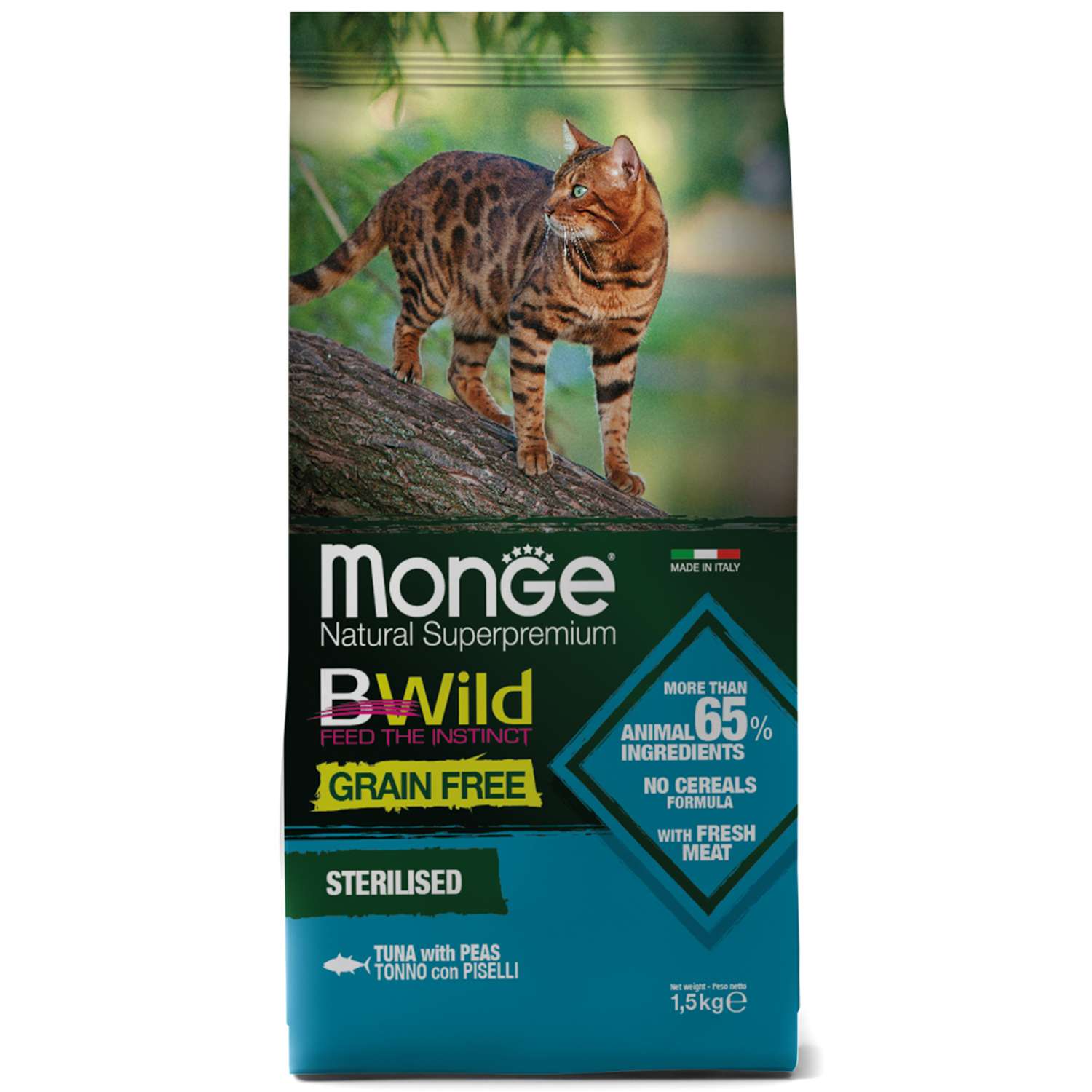 Корм для кошек MONGE BWild Grain free стерилизованных из тунца и гороха 1.5кг - фото 1