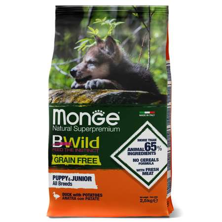 Корм для щенков MONGE BWild Grain free из мяса утки с картофелем 2.5кг