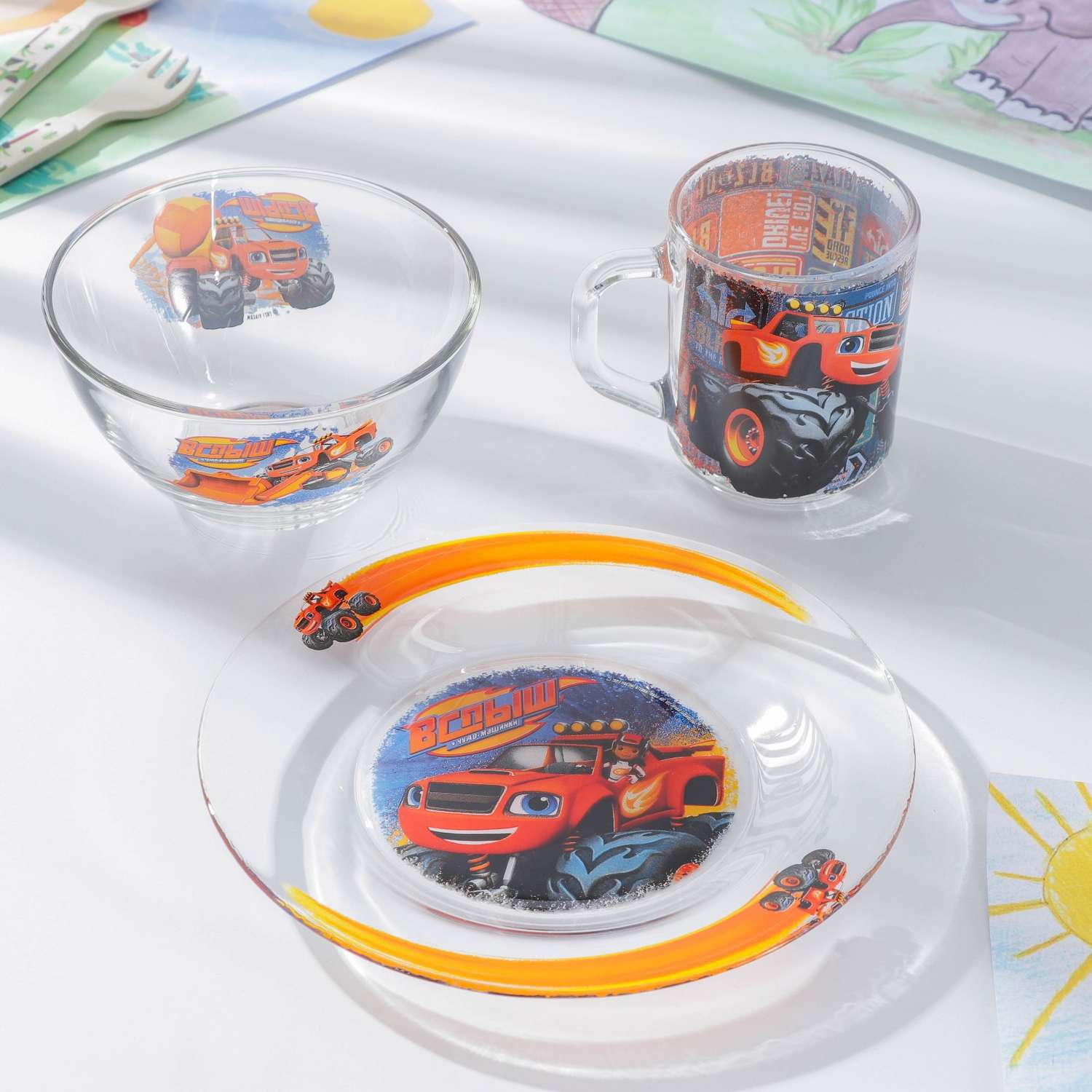 Набор посуды детский Sima-Land Вспыш Спецтехника миска кружка тарелка - фото 1