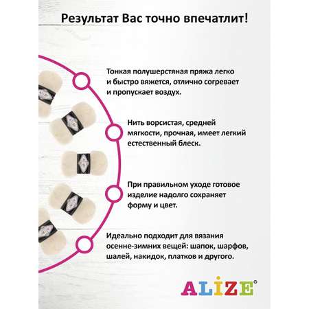 Пряжа Alize полушерстяная Mohair classic new 100 гр 200 м 5 мотков 01 кремовый