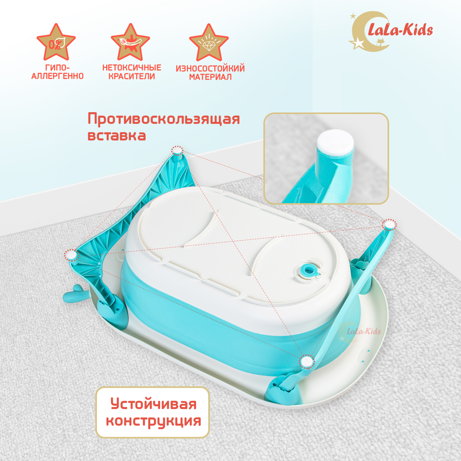 Складная ванночка LaLa-Kids антискользящая для купания новорожденных бирюзовая - фото 3