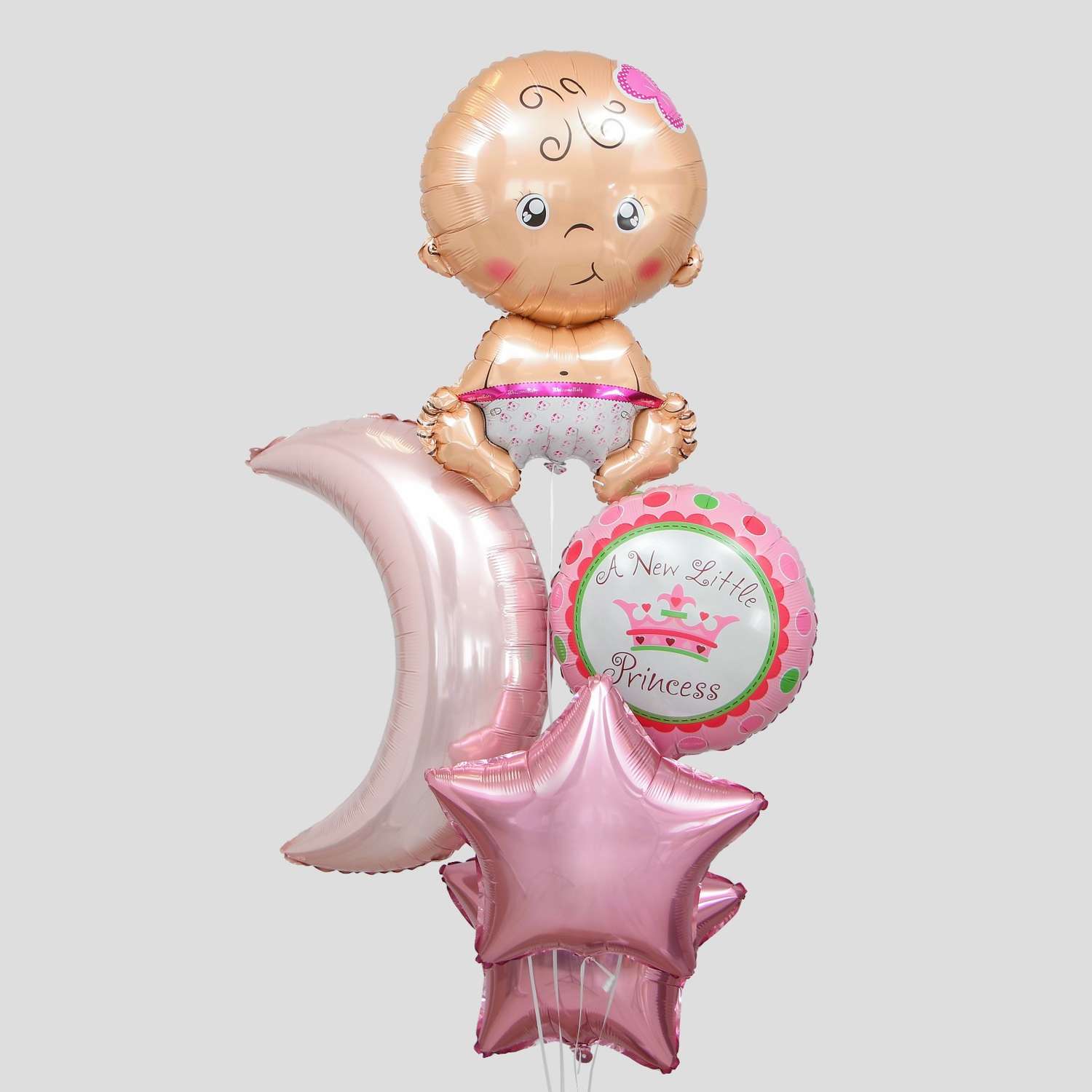 Букет из шаров Страна карнавалия «С рождением девочки» луна звезда младенец фольга набор 5 шт. - фото 1