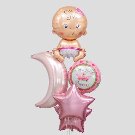 Букет из шаров Страна карнавалия «С рождением девочки» луна звезда младенец фольга набор 5 шт.