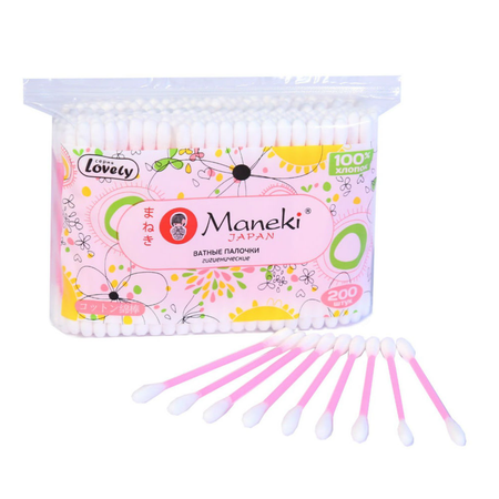 Палочки ватные Maneki Lovely с розовым стиком 200 шт