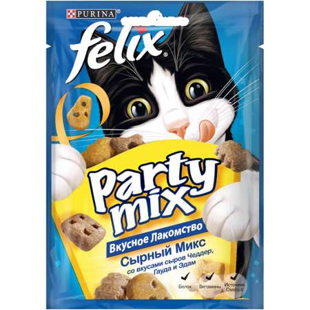 Корм для кошек Felix Party mix сырный микс со вкусами сыров чедер гауда и эдам пауч 20г