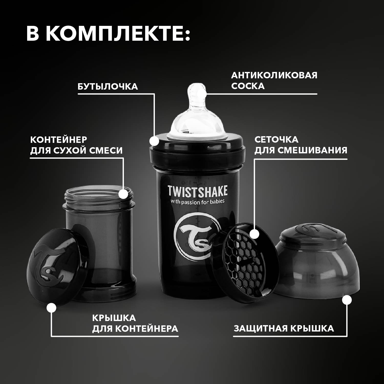 Бутылочка Twistshake антиколиковая 180мл Чёрная - фото 2